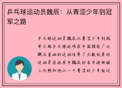 乒乓球运动员魏辰：从青涩少年到冠军之路